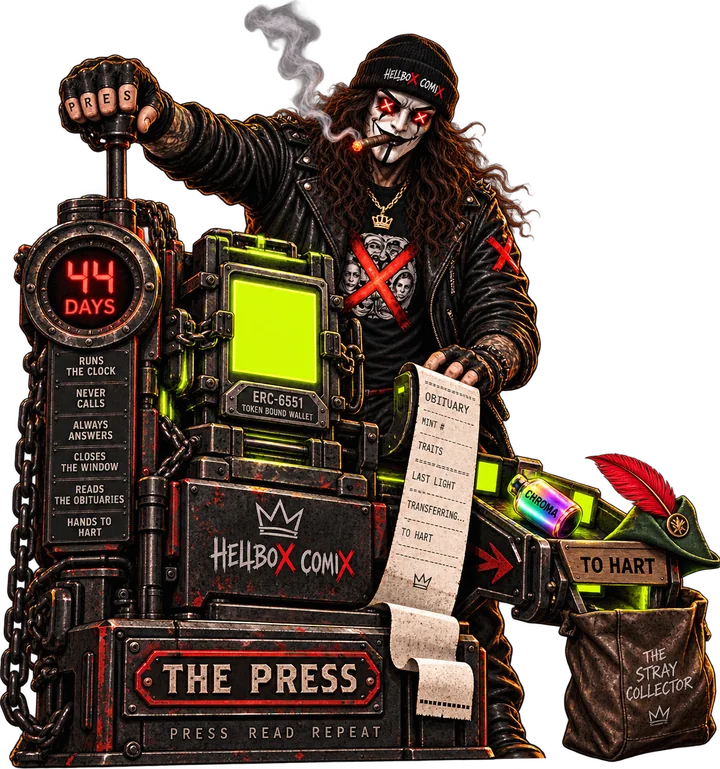 Harrow at the Hellbox Press, receipts spilling from the machine